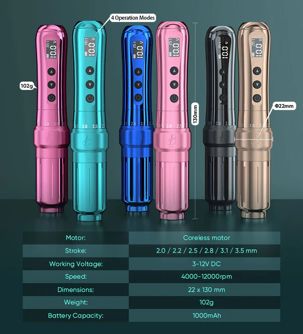 Detailed view of the Biomaser U1 Wireless PMU pen machine with adjustable stroke settings.