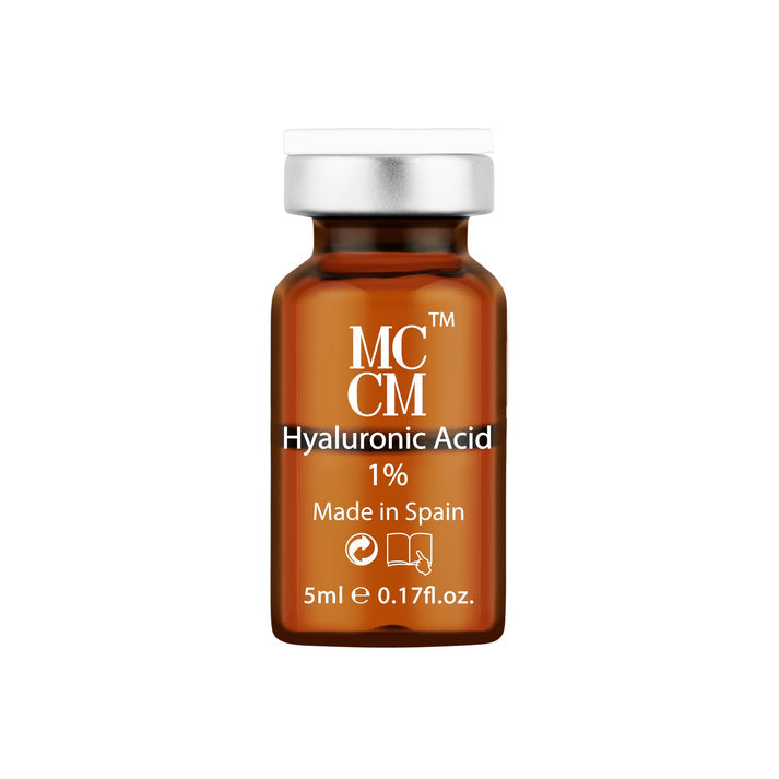 Close-up of the MCCM Hyaluronic Acid 1% vial showing the product name and specifications, emphasizing its hydrating properties for skin restoration.