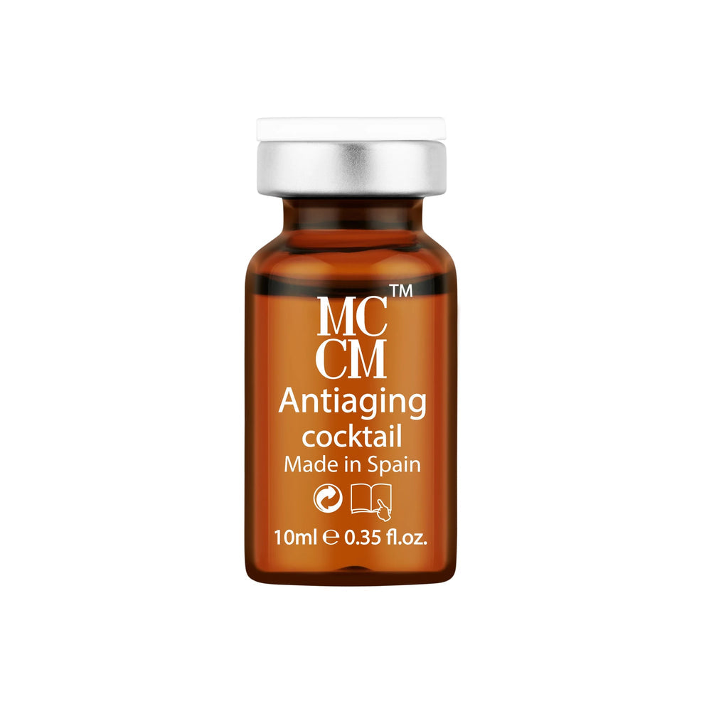 Close-up of the MCCM Antiaging Cocktail vial, showcasing the rich formulation made in Spain.