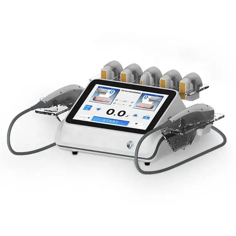 Detailed view of the SD Cosmetics Care 7D Hifu device, illustrating its 7 cartridges for versatile skin treatments.