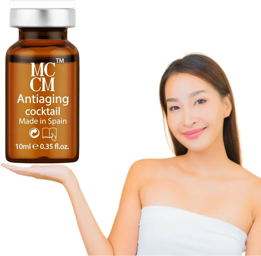 A woman smiling while holding a vial of MCCM Medical Cosmetics Antiaging Cocktail. The vial showcases the product titled 'Antiaging cocktail,' containing 10ml and made in Spain, highlighting its skin rejuvenation benefits.