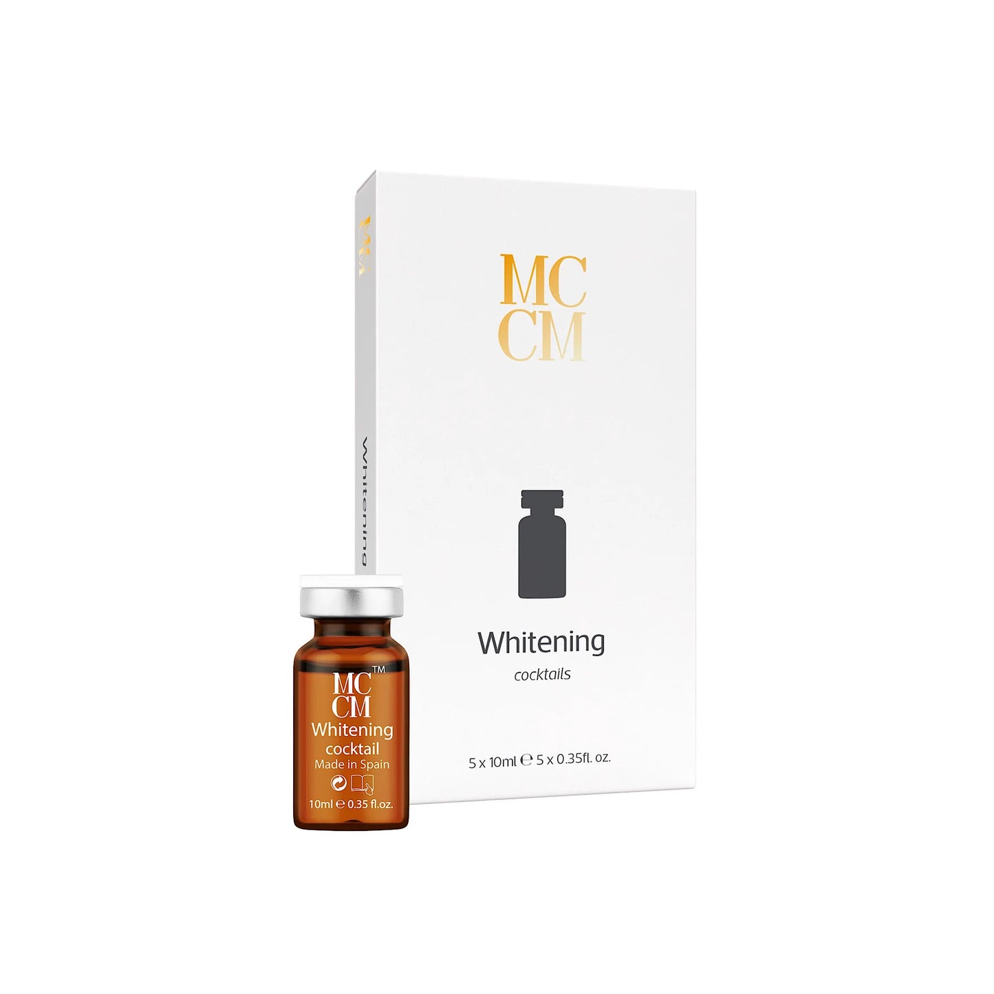Box of MCCM Whitening cocktail containing five ampules, each 10ml, showcasing the product's sleek design and branding.