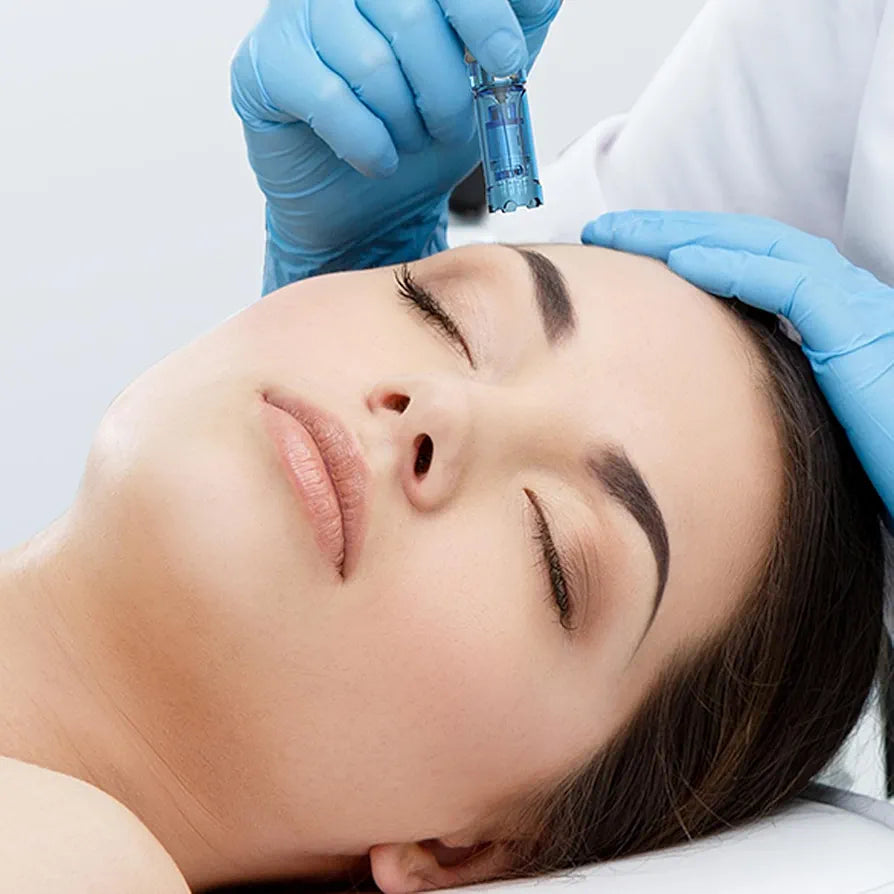 A serene image of a beauty treatment session, highlighting the application of the 12 Pin Dr.pen A11 on a customer's forehead, demonstrating its usage.
