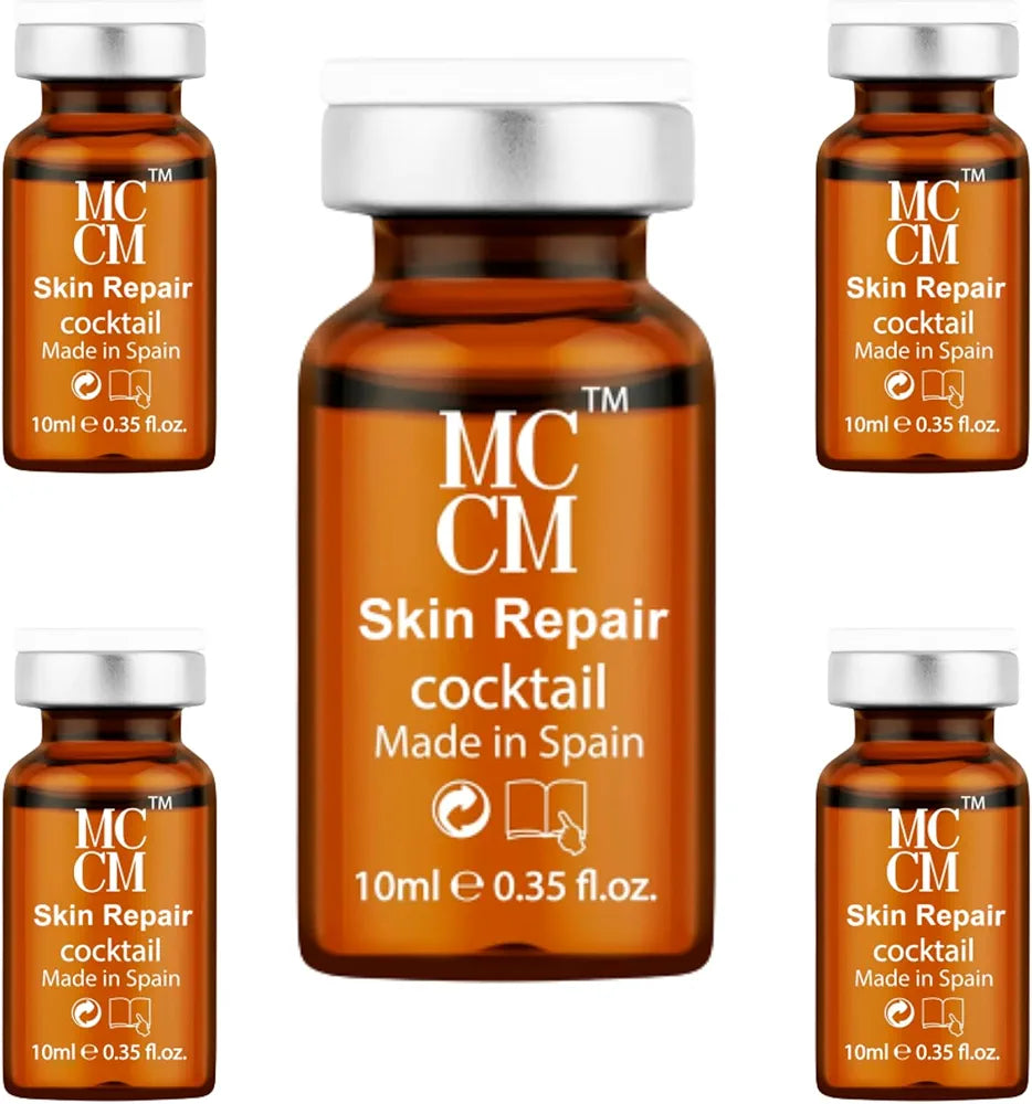 Multiple vials of MCCM SKIN REPAIR COCKTAILS arranged together, showcasing the product's packaging and highlighting its benefits for skin repair.