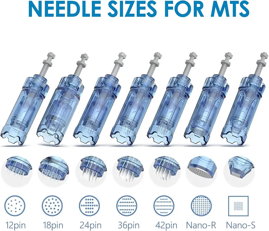 Different needle sizes, including the 12 Pin Dr.pen A11, displayed with clear labels, illustrating the depth and application for various skin concerns.
