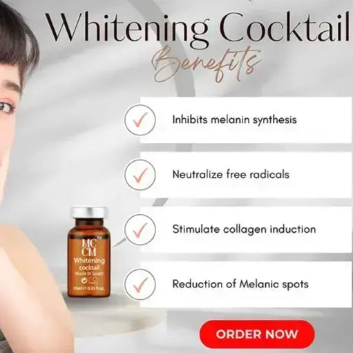 Promotional graphic for MCCM Whitening cocktail, listing benefits like inhibiting melanin synthesis and reducing melanic spots, alongside an image of the ampule.