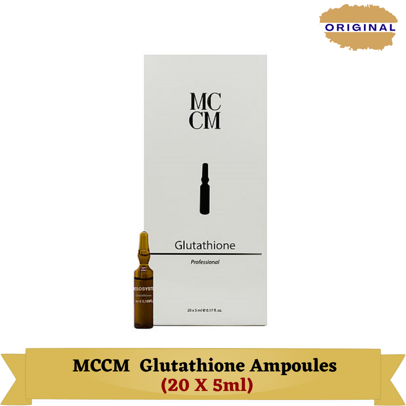 MCCM Glutathione ampoules with packaging, promoting professional skincare treatment and benefits for melasma and skin rejuvenation.