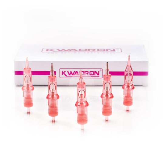 Set of KWADRON PMU Optima cartridges in pink, arranged in front of the branded packaging, demonstrating variety.
