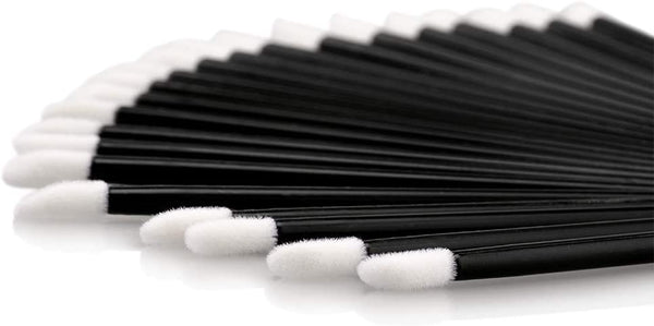 Pack of 50 PMU Lip brushes featuring durable black handles and precision white tips, ideal for flawless lip application.