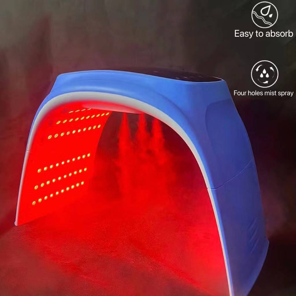 Omega PDT Light device showcasing red LED lights and steam misting feature for skin treatment.
