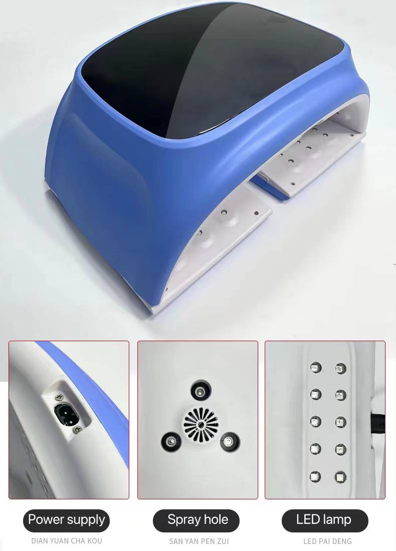 Top view of the Omega PDT Light highlighting the power supply, spray holes, and LED lamps.