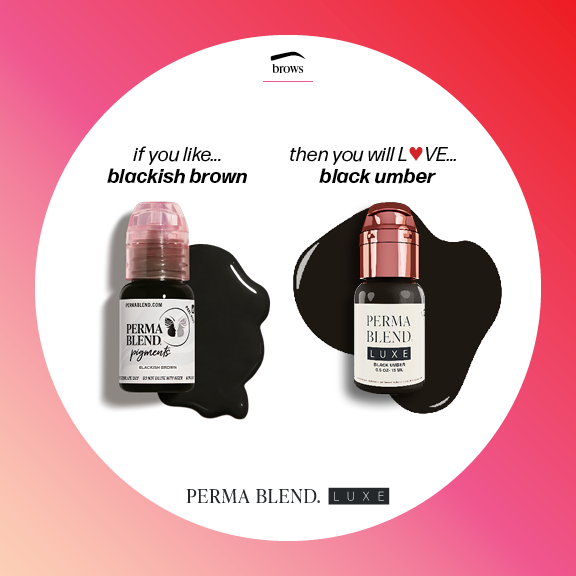 Comparison graphic between PERMABLEND LUXE Black Umber and a similar shade, suggesting for fans of blackish brown to try Black Umber for enhanced results.