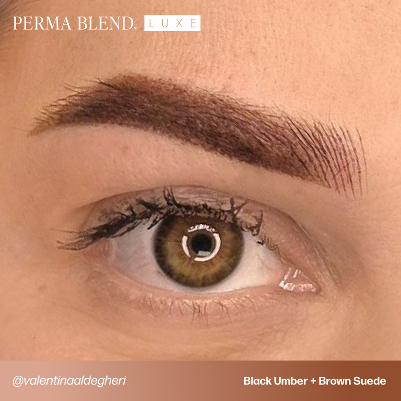 Stylized eyebrow with a mix of PERMABLEND LUXE Black Umber and Brown Suede, highlighting the beautiful blend of brow colors for a natural look.