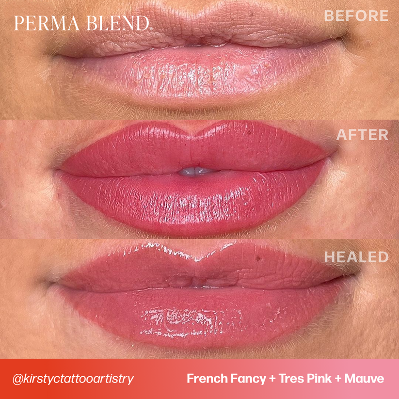 Before and after comparison of lips using Permablend French Fancy pigment, showing a natural-looking lip color enhancement.