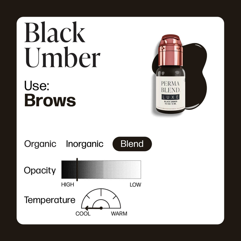 Infographic detailing the characteristics of PERMABLEND LUXE Black Umber, including its use for brows, opacity, and temperature properties.