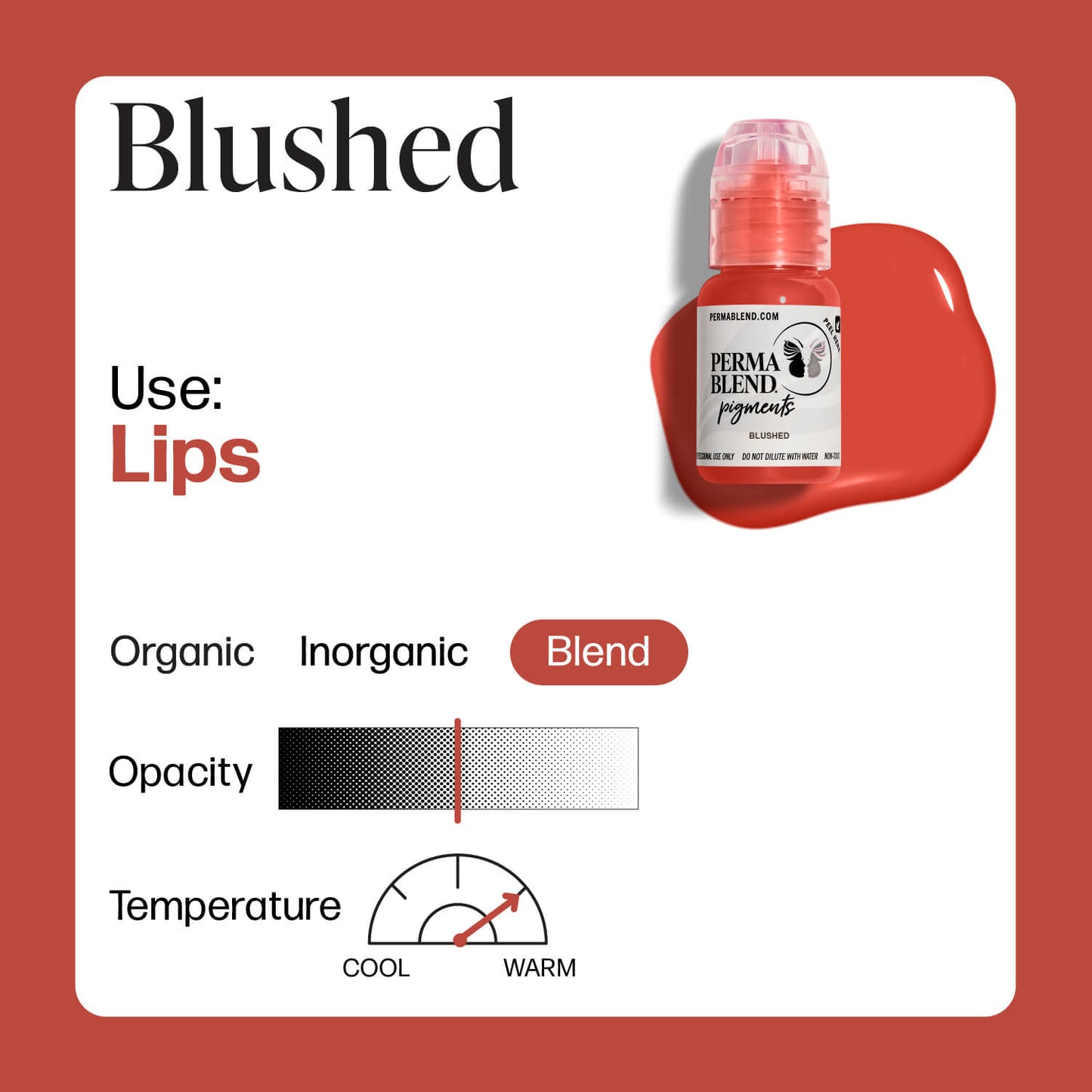 Visual chart for Permablend Blushed lip pigment, detailing its use for lips, opacity level, and color blend, with the product bottle featured.