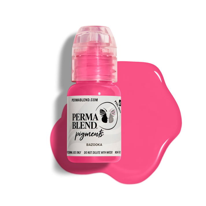 Bottle of Permablend Bazooka pigment with vibrant pink color on a white background.