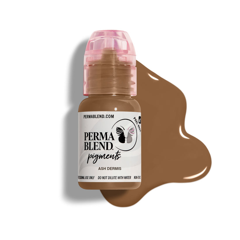 A 15 mL bottle of Permablend Ash Dermis pigment with pink cap, next to a brown pigment swatch. Perfect for scar camouflage and skin tone matching.