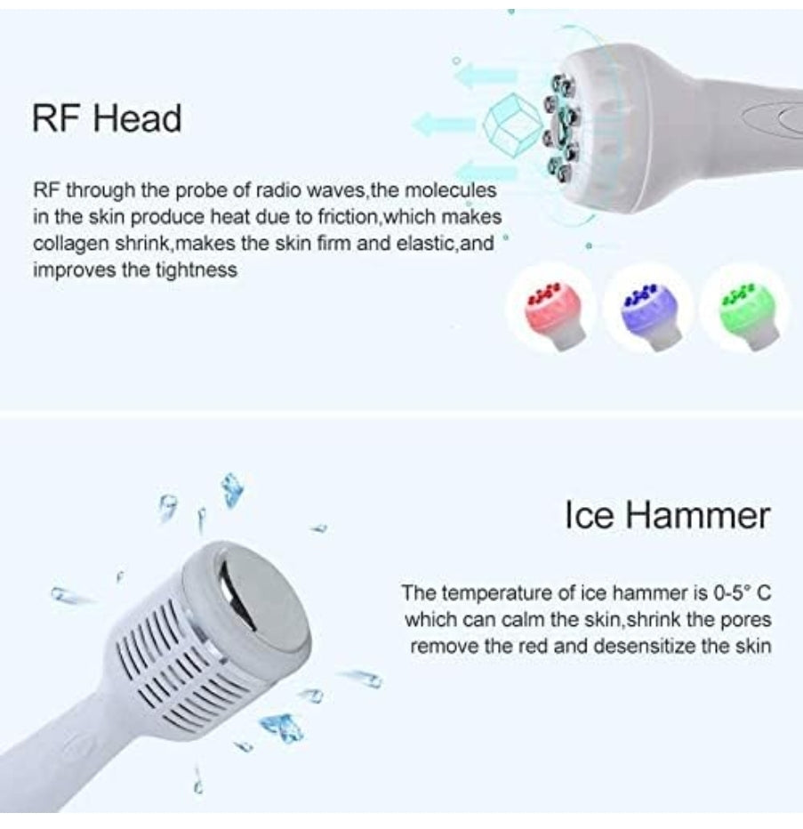 A close-up of the RF head and ice hammer tools associated with the hydrafacial machine, illustrating their skincare benefits.