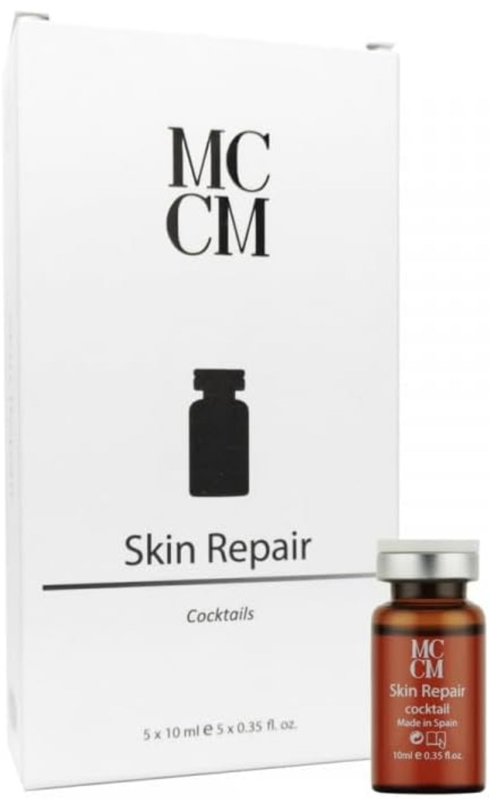 MCCM Medical Cosmetics SKIN REPAIR COCKTAILS box featuring five vials of 10ml each, highlighting the product's packaging and branding.
