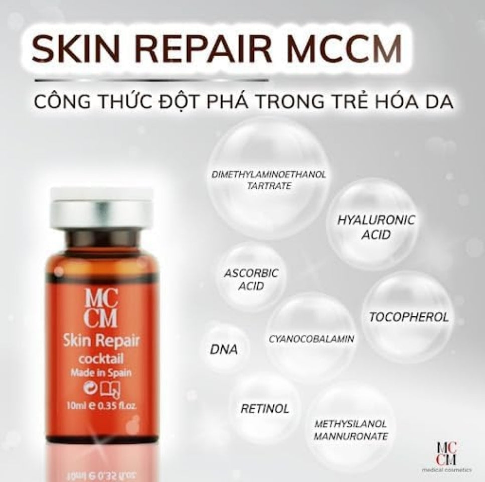 Close-up of MCCM SKIN REPAIR COCKTAILS vial showcasing its ingredients like Dimethylaminoethanol Tartrate and Hyaluronic Acid, emphasizing its skin revitalizing properties.