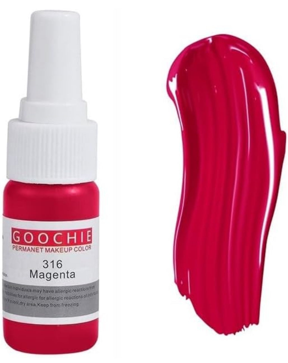 A GOOCHIE Wine Red 320 permanent makeup pigment bottle next to a rich red swatch, displaying the color's quality and consistency.