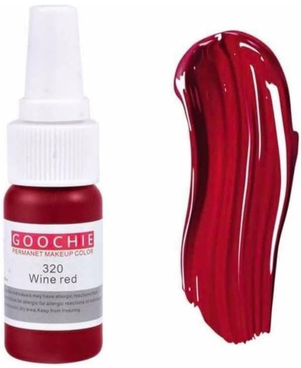 Another angle of the GOOCHIE Wine Red 320 pigment bottle alongside a thick swatch of deep red color, highlighting its vivid and organic formula.