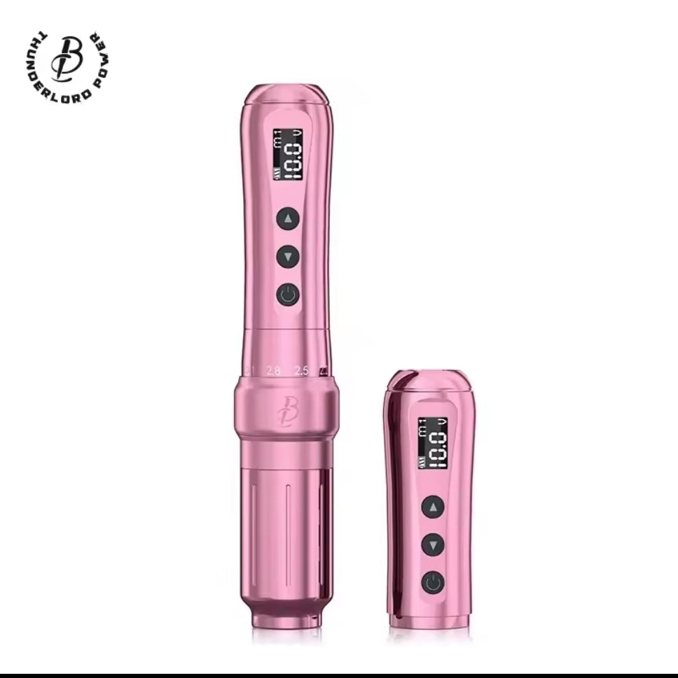 Illustration of the Biomaser U1 Wireless PMU pen machine showing different needle protrusion options.