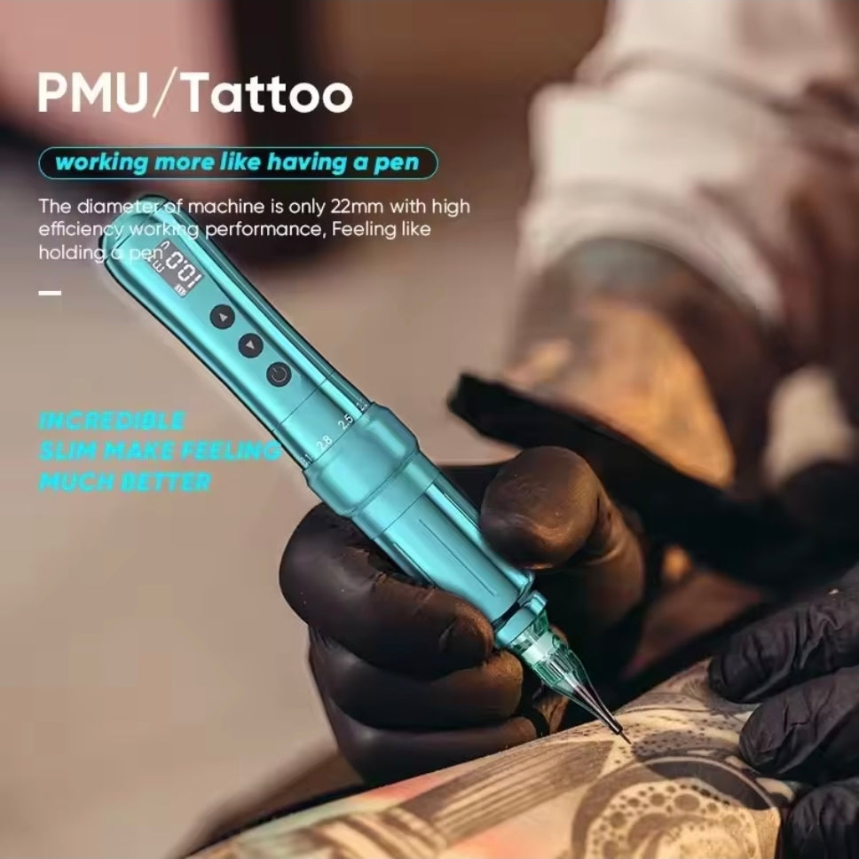 Side view of the Biomaser U1 Wireless PMU pen machine highlighting its sleek aircraft aluminum body.