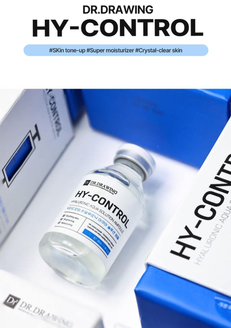 Close-up of Dr. Drawing HY-Control Hyaluronic Aqua Solution Ampoule 35ml highlighting its key ingredients like hyaluronic acid.