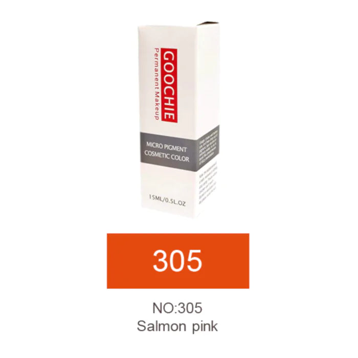 Stylish packaging of Goochie Micro Pigment Cosmetic Color, labeled as Salmon Pink 305, highlighting its 15 ml size and sleek design.