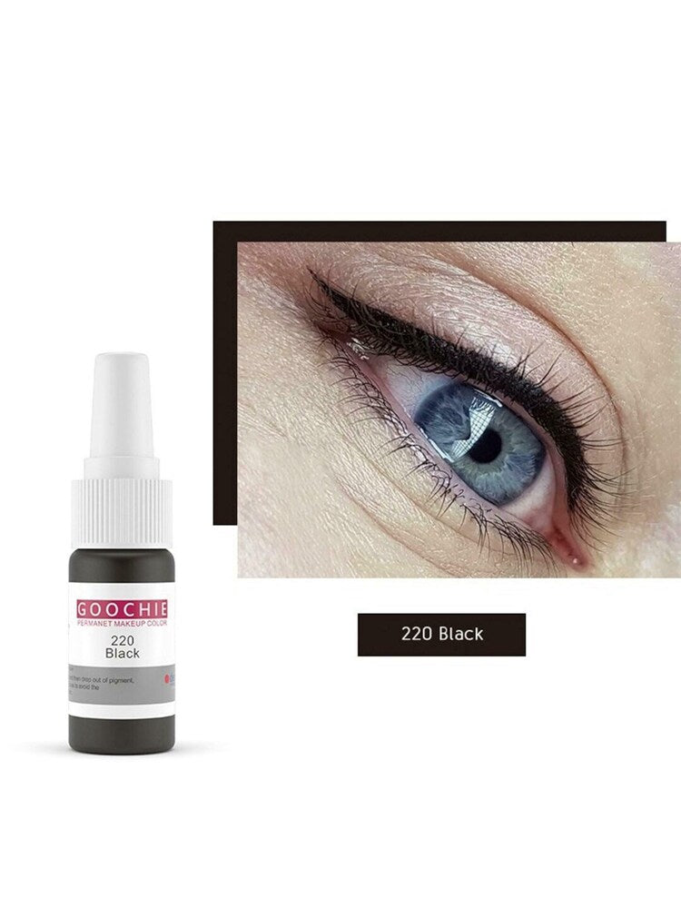 A close-up of the Goochie Permanent Micro-Pigment Eyebrow Enhancer, 15 ml (Black 220) with an application near an eye, highlighting its use and effectiveness, from SD Cosmetics Care.