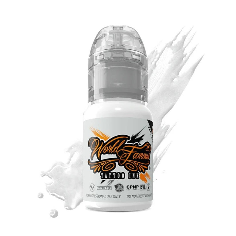 Close-up of WORLD FAMOUS White House 15ml Tattoo Ink showcasing vibrant Everest Orange color, high pigment for bold tattoo artistry.