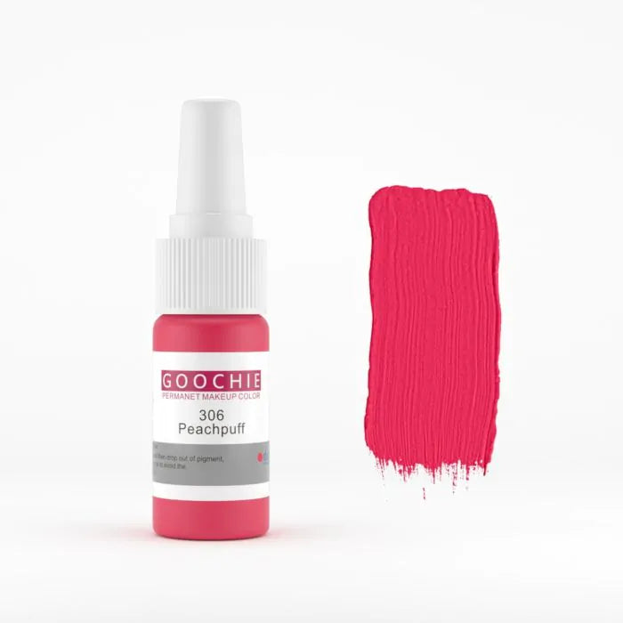 Goochie Peachpuff 306 semi-permanent makeup pigment bottle with a swatch of color showing the vibrant hue.