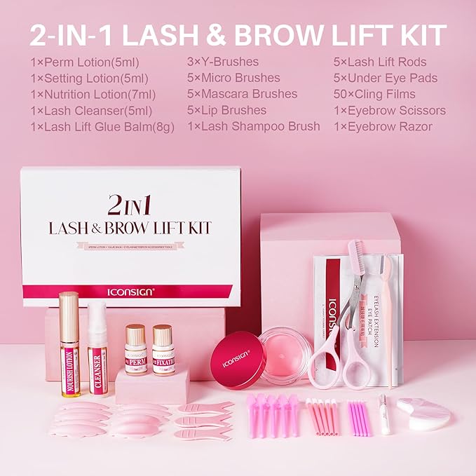 Contents of the Lash And Brow Lift Kit laid out on a pink background, featuring various products and tools for creating the perfect lash lift and eyebrow lamination. Ideal for anyone looking for an eyebrow lifting kit.