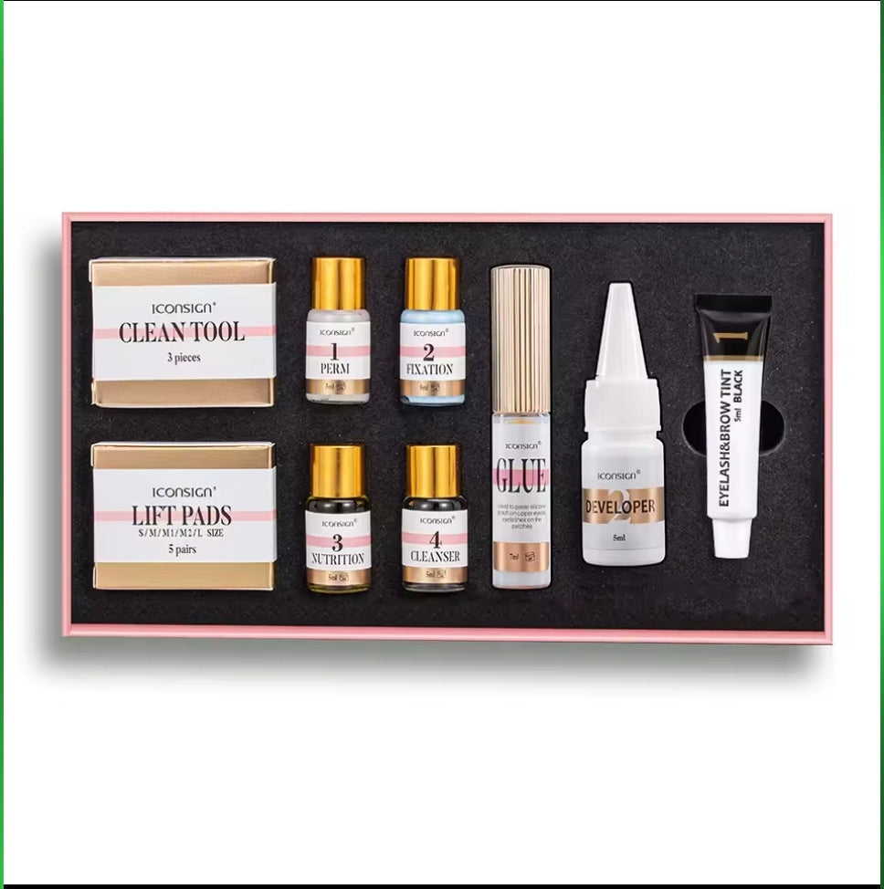 Detailed view of the ICONSIGN Lash Lift & Tint Kit - Black with organized components including lifting pads and tint products, showcasing its capabilities as a Brow lifting and tinting kit.