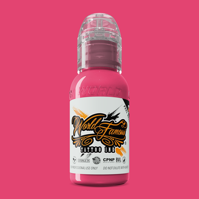 Vegan-friendly WORLD FAMOUS Bali Pink 15ml Tattoo Ink, ideal for vibrant and precise tattoo designs.