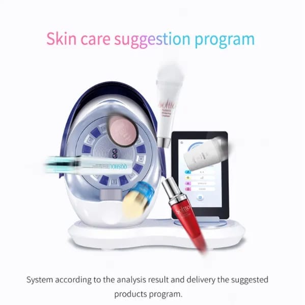 Detailed view of the Magic Mirror Skin Analyzer's interface displaying various skin analysis features, acting as a Dermascop, Hair Analyser, and Skin analyser.