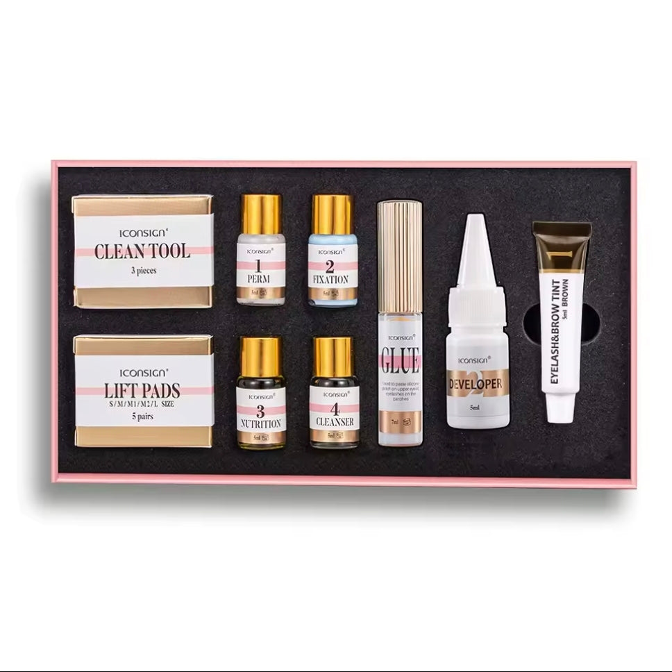 Inside view of the ICONSIGN Lash Lift & Tint Kit with various bottles and tools neatly arranged, emphasizing its all-in-one solution for lash and brow beautification.