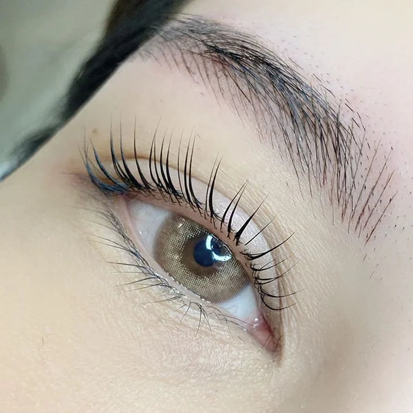 Close-up of beautifully lifted eyelashes using the Lash And Brow Lift Kit. This image captures the smooth, glossy look that can be achieved with an eyebrow tinting kit and lash lifting kit.