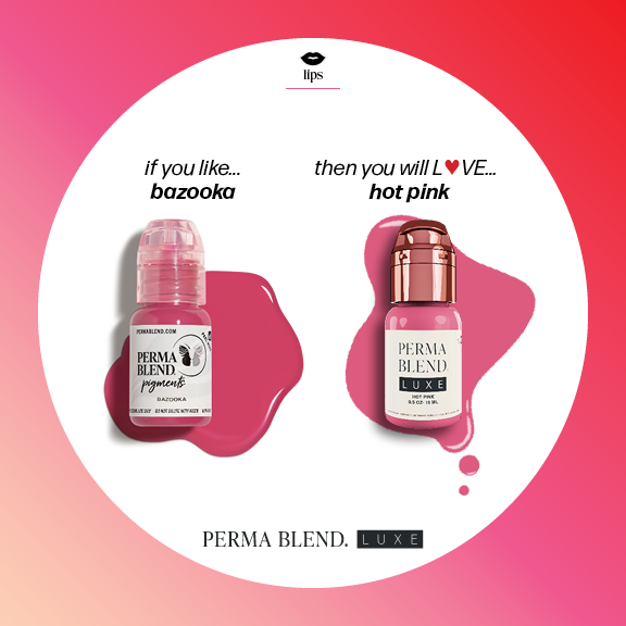Aesthetic display of Permablend Luxe Hot Pink permanent makeup lip pigment, ideal for bold lip colors.