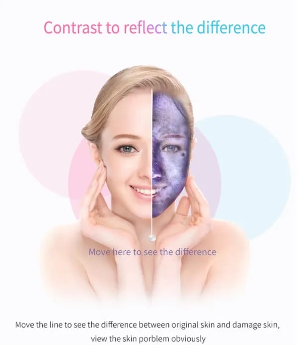 Close-up of the Magic Mirror Skin Analyzer, emphasizing its HD camera capabilities, serving as a Dermascop, Hair Analyser, and Skin analyser for comprehensive skin evaluations.