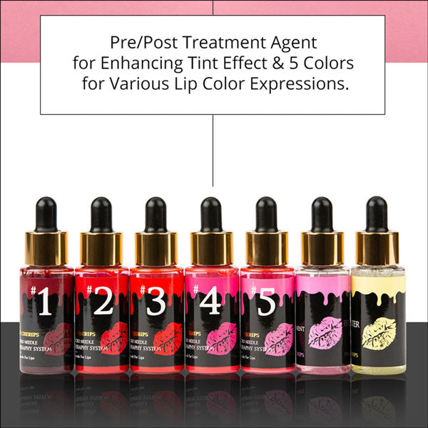 Stayve Cherips Micro-needling Ampoules Set for Lips displayed with Burgundy Stayve Lip Tint, illustrating the ampoule format.
