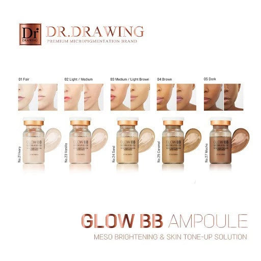 Dr. Drawing Glow BB Glow kits arranged on a beauty counter, promoting all-in-one solutions for creating radiant complexions.