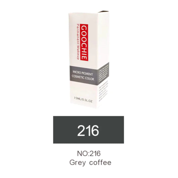 Packaging design of Goochie Grey Coffee 216 eyebrow pigment with product details underlined.