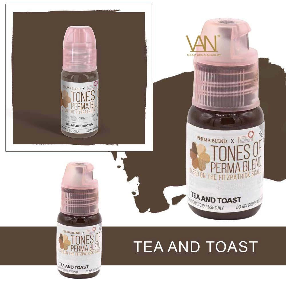 Permablend Tea and Toast pigment in a dropper bottle, ideal for PMU eyebrow applications, suitable for translucent porcelain skin tones.