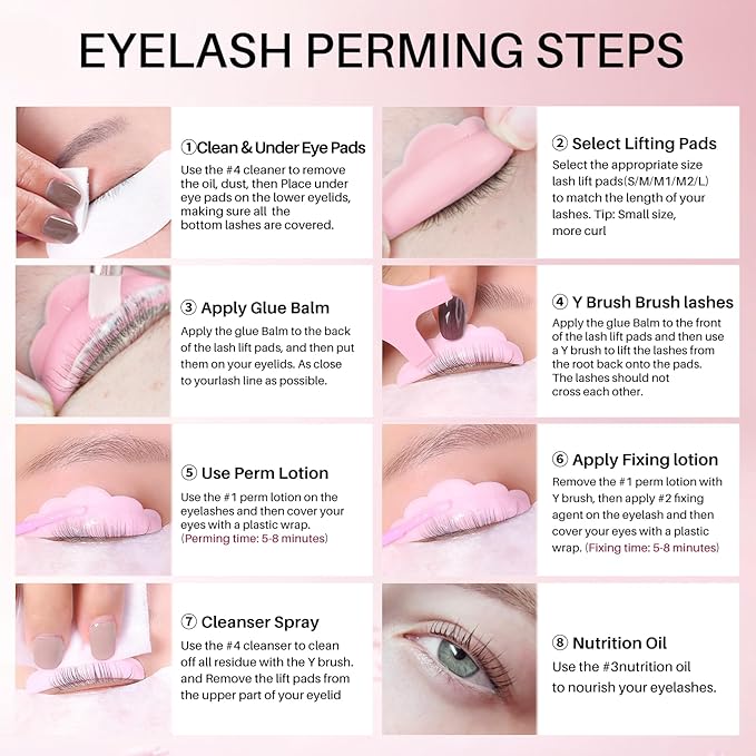 Step-by-step application guide for the Lash And Brow Lift Kit, providing instructions that illustrate how easy it is to achieve beautiful brows and lashes at home with this eyebrow tinting kit.