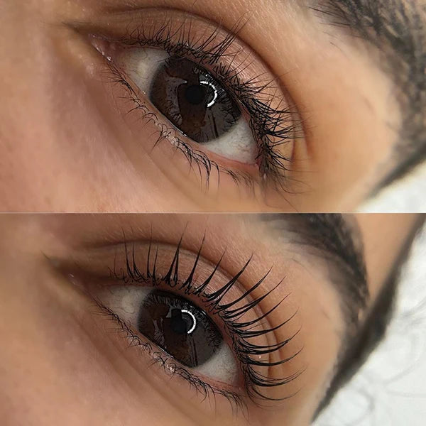 Before and after transformation of eyelashes demonstrating the effectiveness of the Lash And Brow Lift Kit. The image shows the dramatic curl achieved through the lash lifting kit, enhancing overall beauty.