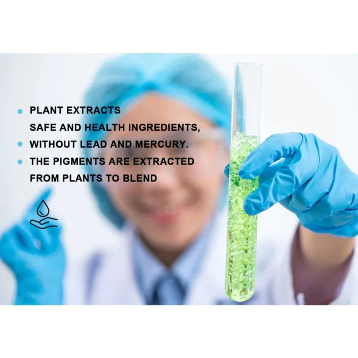Chemist holding a test tube filled with green liquid, illustrating the natural plant extracts used in Goochie pigments.