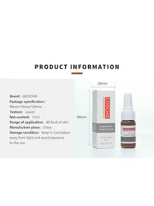Informational graphic showing product details for Goochie Grey Coffee 216 eyebrow pigment, including specifications.